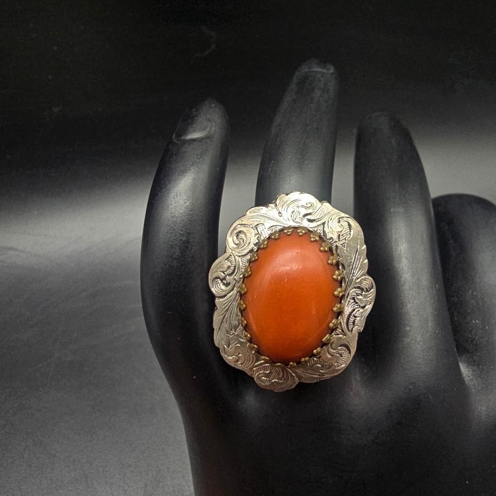 Vintage Faux Coral Ring Silver Tone Size 5.5